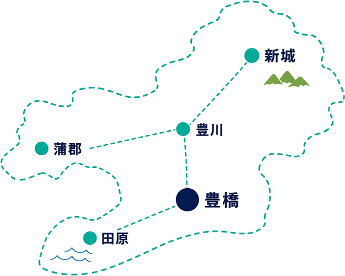 東三河5市(豊橋・豊川・蒲郡・新城・田原)のイラストマップ