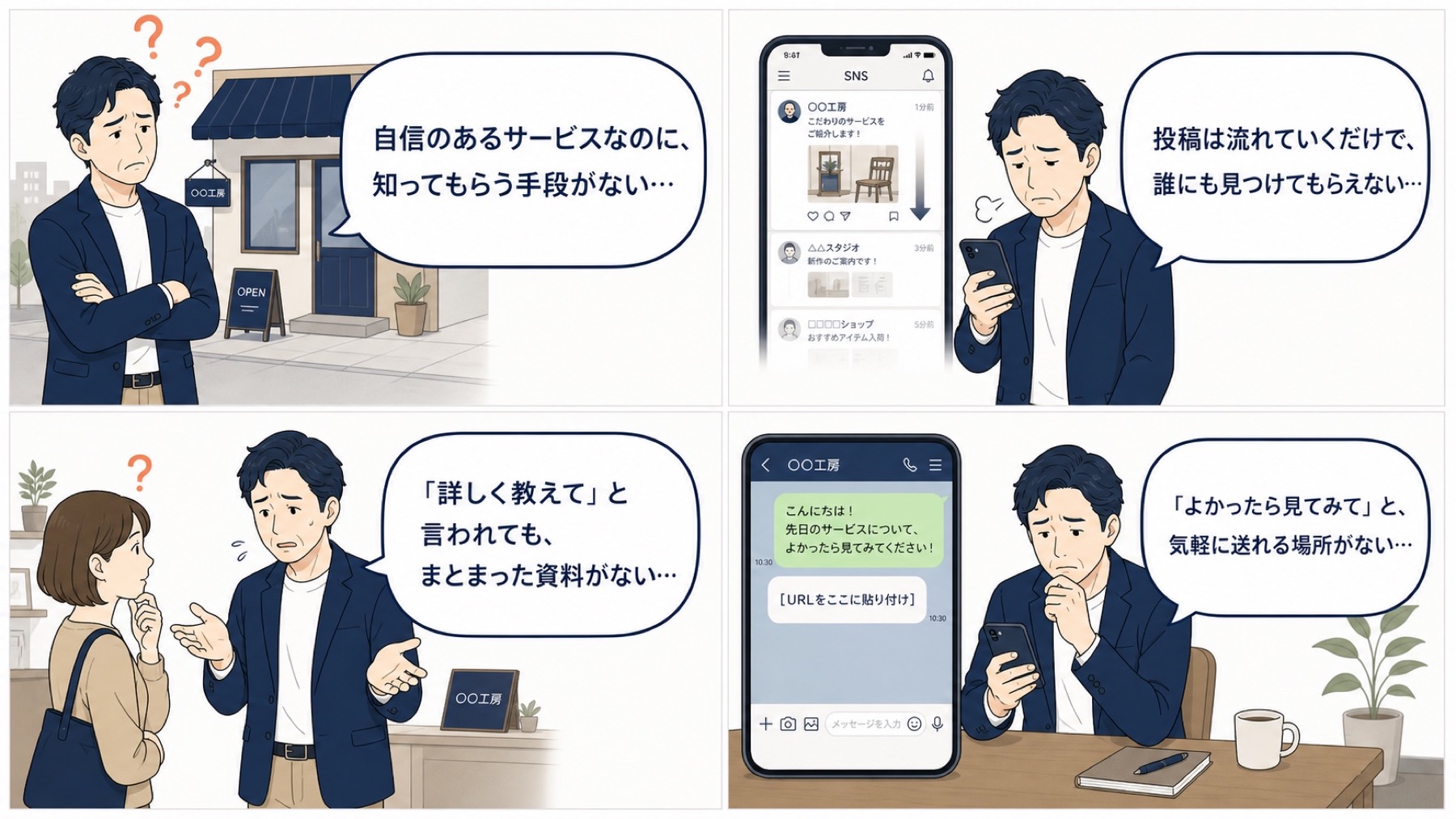 LPがない経営者が直面する4つの困りごと（サービスが知られない・SNSで埋もれる・紹介できない・検索で出ない）