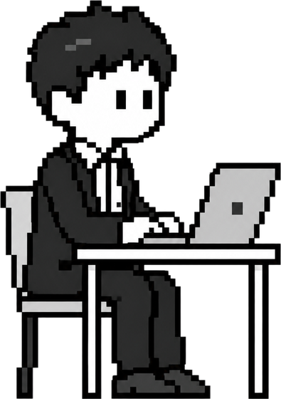 パソコンに向かう学長の志水（ドット絵）